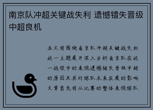 南京队冲超关键战失利 遗憾错失晋级中超良机 南京队冲超关键战失利 遗憾错失晋级中超良机